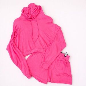 ELAN Pink Matching Set | Cropped Hoodie Shorts Set | Lounge Two Piece | Large